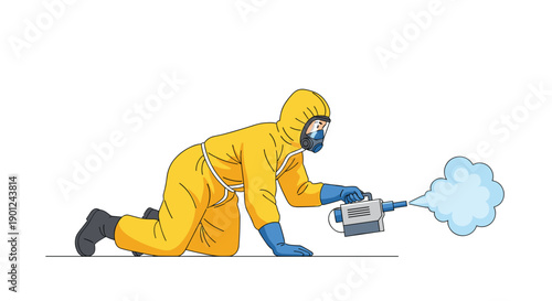 Worker in Yellow Hazmat Suit and Respirator Mask Kneeling, Disinfecting Area with Handheld Sprayer