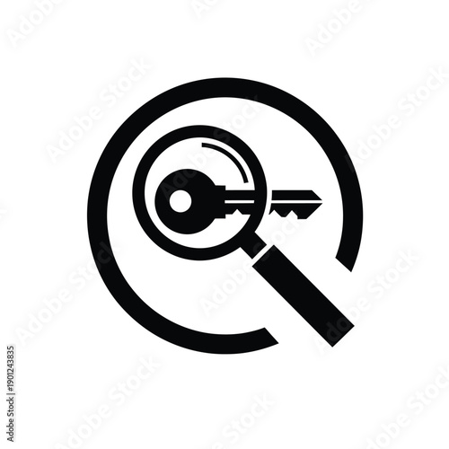 Magnifying glass with a key inside a circle on symbolizing search and discovery