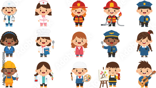 Cute kids profession characters set with doctor firefighter police chef artist musician cartoon vector