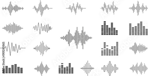 Audio waveform and sound equalizer symbols set with frequency music visualization vector
