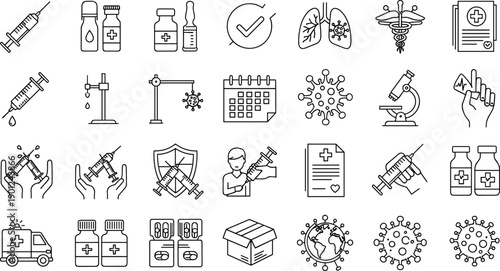 Medical vaccine and healthcare line icon set, coronavirus prevention syringe medicine virus symbols outline vector illustration collection