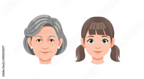 Mature Woman and Young Girl Heads Displaying Generational Contrast on White Background