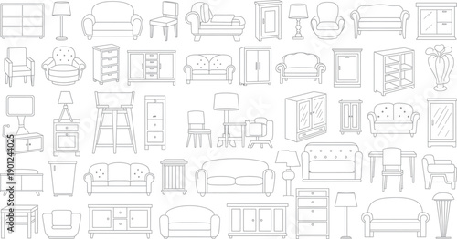 A collection of various furniture line drawings isolated on transparent background