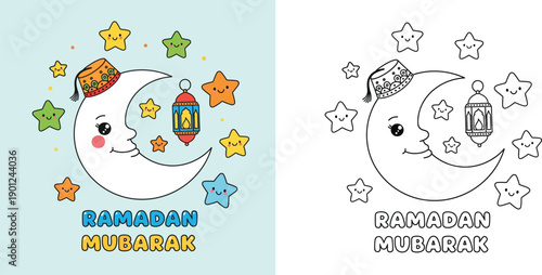 Ramadan Mubarak Greeting Card and Coloring Book Page for Kids with Cute Smiling Crescent Moon Wearing Fez Hat Hanging Lantern and Stars Vector Illustration