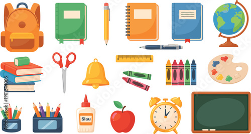 School supplies and classroom education icons set with books backpack crayons clock cartoon vector
