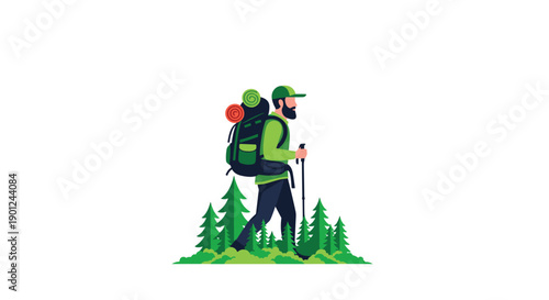 Adventurous Bearded Hiker with Trekking Poles Traversing Dense Pine Forest Wilderness