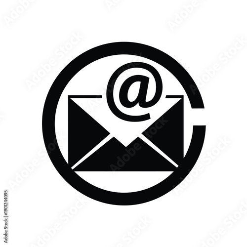 Black and white icon of an envelope with an at sign in a circle for email or communication concept