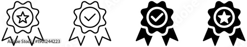 Award badge ribbon icon set with star and check mark symbols in outline and solid styles, awards and quality certification medals for UI design.