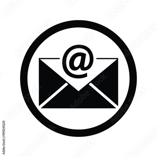 Black and white icon of an envelope with an at sign in a circle for email or communication concept