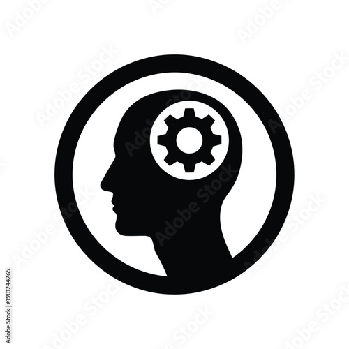 Black silhouette of a human head with a gear inside the brain, representing a creative or mechanical thinking concept