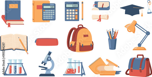 School supplies and education equipment set with books backpack calculator microscope cartoon vector