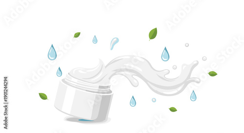 Refreshing Face Cream Jar with Moisturizing Splash, Water Droplets, and Green Leaves
