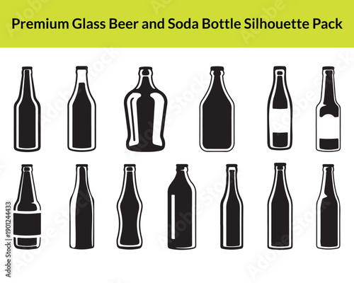 Premium Glass Beer and Soda Bottle Silhouette Pack, Assorted Craft Beverage and Alcohol Bottle Icons