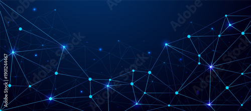 Abstract digital network background with glowing connected nodes and bright lines on a dark blue gradient illustrating data communication, technology flow, and futuristic connectivity.
