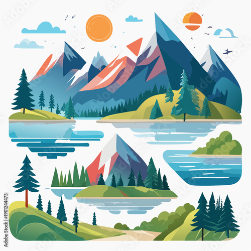 Illustration of a serene mountain landscape with lakes, trees, and vibrant colors, set against a white background with a sunny sky.