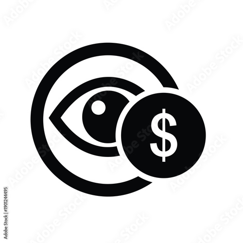 Black and white icon of an eye with a dollar sign in a circle, symbolizing financial vision or cost estimation