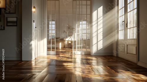 Wallpaper Mural Black frame glass door of white wall inner room on wooden parquet floor with sunlight through window Torontodigital.ca