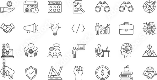 Multimedia and video line icons set, including camera, film reel, player, audio, and digital media symbols for creative web design.