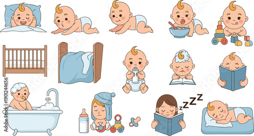 Cute baby activities and daily routine set with sleeping bathing playing cartoon vector