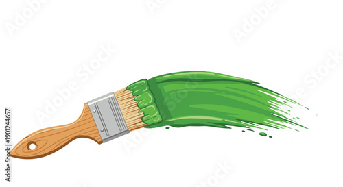 Dynamic Paintbrush Applying Vibrant Green Paint Stroke Across Clean White Surface
