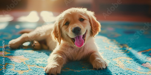 Wallpaper Mural Happy Golden Puppy Lying on Rug in Warm Indoor Light Torontodigital.ca