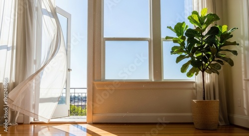 Empty living room interior featuring luxury wooden architecture with a glass window and minimalist furniture in an empty apartment space