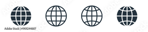 Globe world icon set in outline and solid styles, representing the earth and global internet and network symbols for global connectivity and web, travel, and UI design.