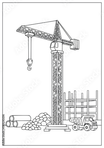 Crane coloring page for children shows a large machine at a building site