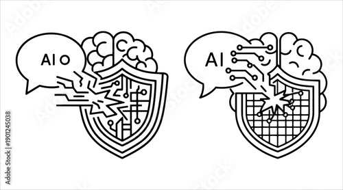 Secure AI brain icons with protective shields for ethical artificial intelligence and safety