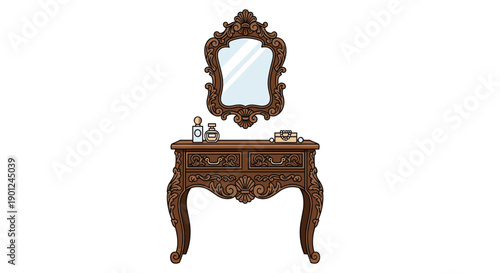 Ornate Vintage Wooden Dressing Table with Decorative Mirror, Perfume Bottles, and Jewelry Box