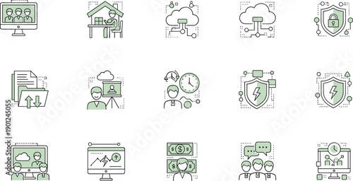 Remote work icons, cloud computing symbols, cybersecurity graphics, data management visuals, virtual meetings, business tools, productivity, tech support
