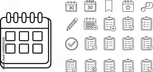 Calendar and Task Management Icon Set featuring To-Do Lists, Checklists, Schedules, and Planning Symbols for Business Organization, Productivity Apps, and Project Management Designs