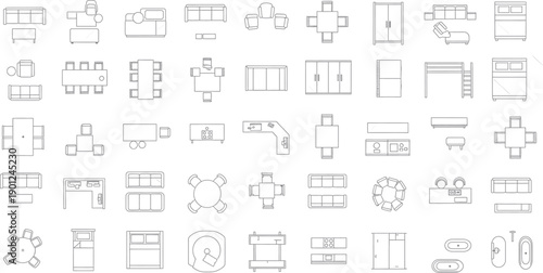 Collection of architectural blueprints and floor plans isolated on transparent background