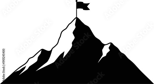 A black and white illustration of a mountain with a flag on top symbolizing achievement and adventure in a rugged landscape