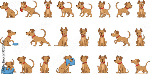 Cute dog character poses set showing playful puppy actions cartoon vector illustration
