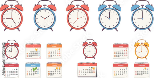 Alarm clocks and monthly calendars set showing different times and dates cartoon vector