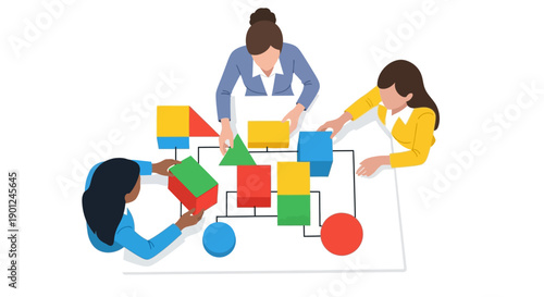 Teamwork Strategy: Diverse Business Women Building a Process Flowchart Diagram with Colorful Geometric Shapes. Workflow Planning and Problem Solving.