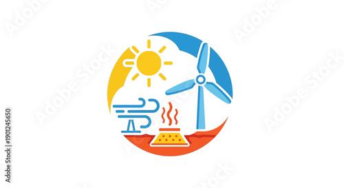 Renewable Energy Sources Icon: Solar, Wind, and Geothermal Power Symbol for Sustainability and Green Technology