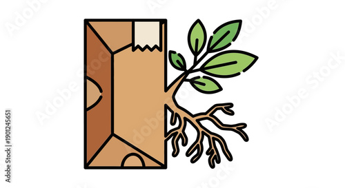 Renewable Resource Icon: Plant Sprouting from Cardboard Box, Roots and Leaves Illustration for Sustainable Packaging and Eco-Friendly Design.