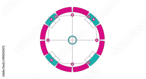 Abstract Radial Diagram with Magenta and Cyan Segments. Technical Blueprint Style Circle Mechanism Vector Illustration.