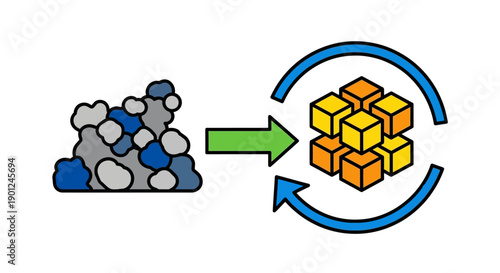 Unstructured Data Transformation into Organized Cubes Icon. Raw Input Processing and Continuous Refinement Cycle Concept.