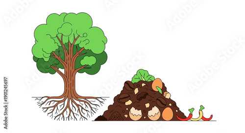 Natural Composting Cycle Illustration: Healthy Tree and Root System next to Organic Waste Pile (Food Scraps, Eggshells, Coffee Grounds)