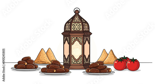 Festive Ramadan Iftar Table Display with Ornate Lantern, Dates, Samosas, and Tomatoes
