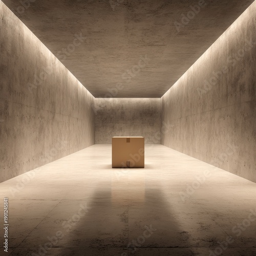 Minimalist Room with Isolated Box Surrounded by Concrete Walls