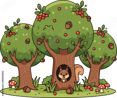 Cute forest scene with squirrel in tree hollow berries acorns mushrooms cartoon vector