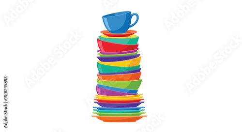 Tall Neat Stack of Colorful Clean Dishes with Plates, Bowls, and a Blue Cup