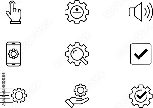 Settings icons, system configuration symbols, operational graphics, mobile tools, gear visuals, performance, inspection, audio, confirmation, interface