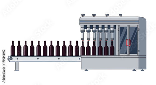 Automated Wine Bottling Machine Filling Glass Bottles on a Conveyor Belt System