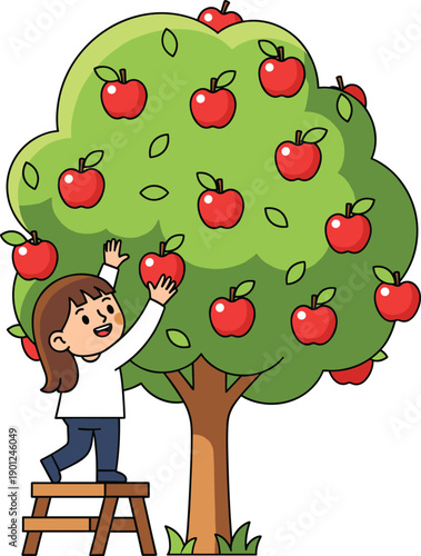 Cute child picking apples from tree using ladder farm harvest cartoon vector illustration