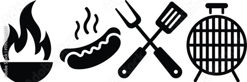 BBQ Grilling Silhouette Icon Set – Outdoor Cooking Tools and Food Vector.